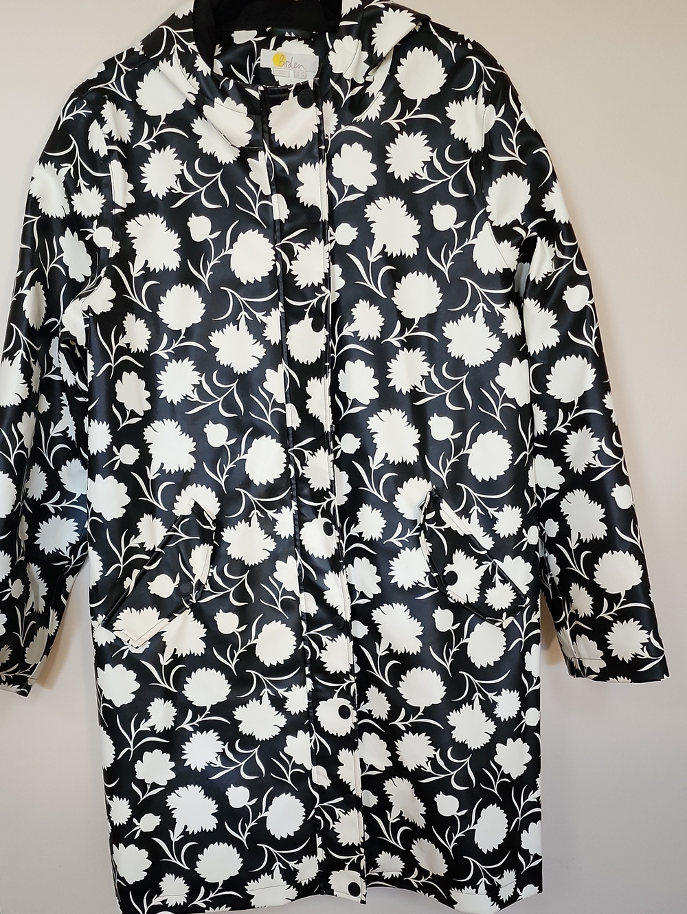 Boden Womens Black and White Floral Rain Trench Coat Size 14 Preowned